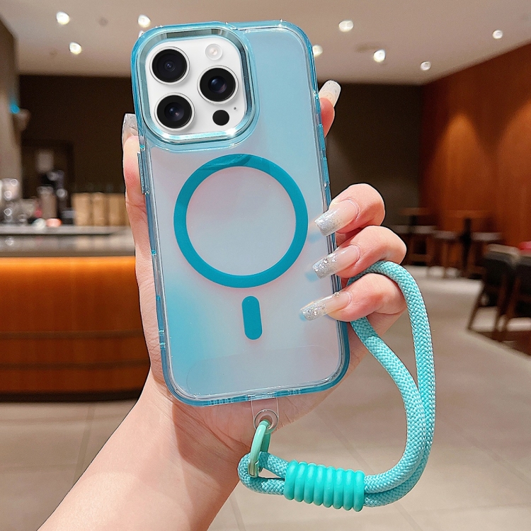 

For iPhone 16 Pro Bright Shadow Magsafe Discoloration Phone Case with Wrist Strap(Blue)