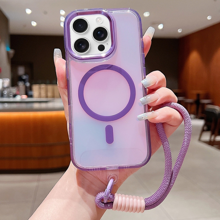 

For iPhone 16 Pro Bright Shadow Magsafe Discoloration Phone Case with Wrist Strap(Purple)