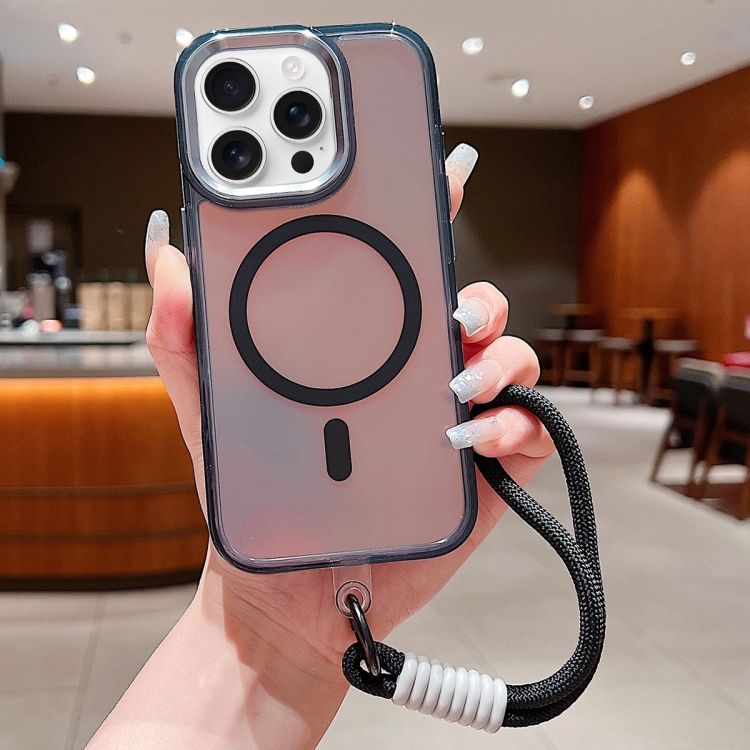

For iPhone 16 Pro Bright Shadow Magsafe Discoloration Phone Case with Wrist Strap(Black)