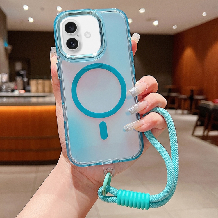 

For iPhone 16 Plus Bright Shadow Magsafe Discoloration Phone Case with Wrist Strap(Blue)