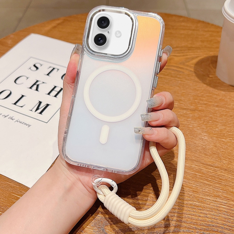 

For iPhone 16 Plus Bright Shadow Magsafe Discoloration Phone Case with Wrist Strap(White)