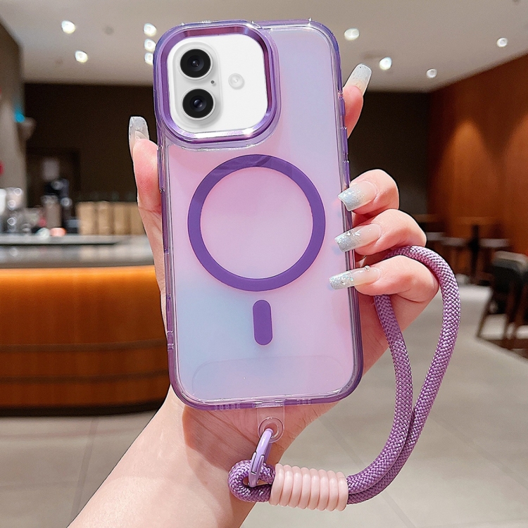 

For iPhone 16 Bright Shadow Magsafe Discoloration Phone Case with Wrist Strap(Purple)