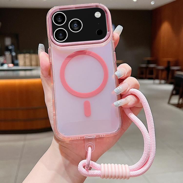 

For iPhone 17 Pro Max Bright Shadow Magsafe Discoloration Phone Case with Wrist Strap(Pink)