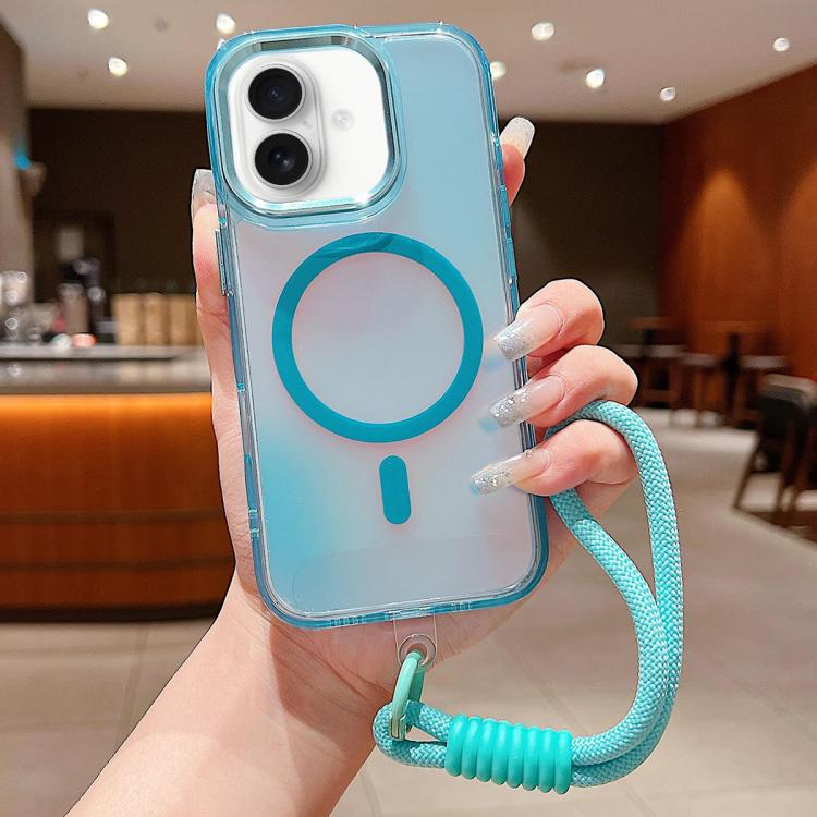 

For iPhone 17 Bright Shadow Magsafe Discoloration Phone Case with Wrist Strap(Blue)