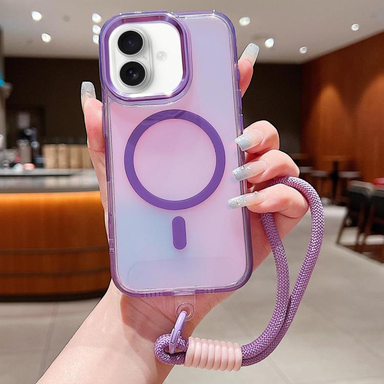 

For iPhone 17 Bright Shadow Magsafe Discoloration Phone Case with Wrist Strap(Purple)