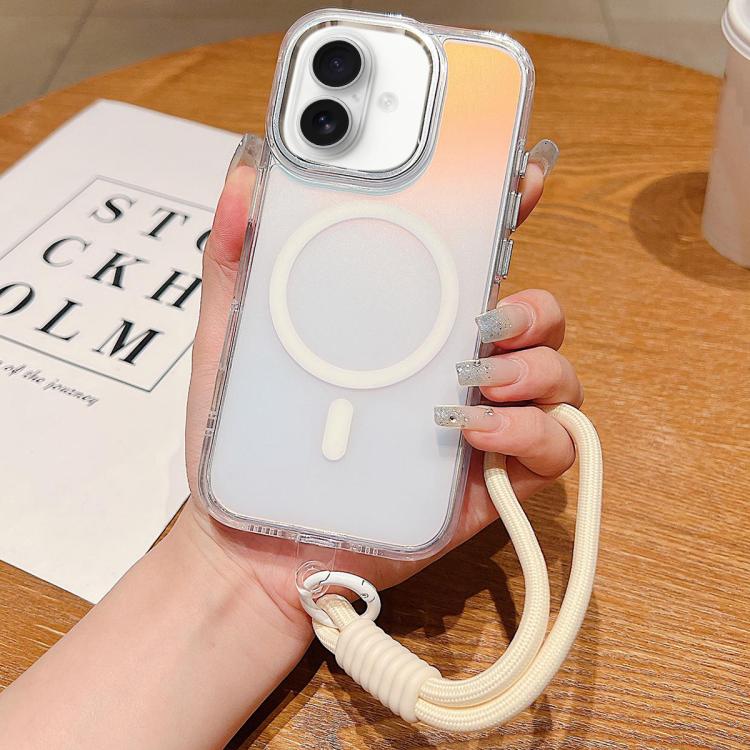 

For iPhone 17 Bright Shadow Magsafe Discoloration Phone Case with Wrist Strap(White)