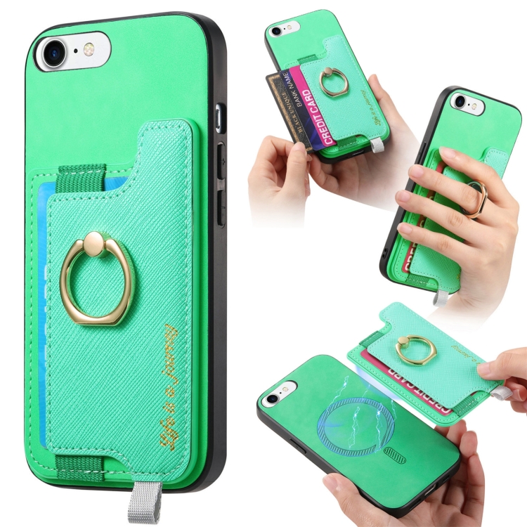 

For iPhone 7 / 8 / SE 2022 Retro Magsafe Cross Leather Ring Holder Card Bag Phone Case(Green)