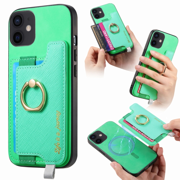 

For iPhone 11 Retro Magsafe Cross Leather Ring Holder Card Bag Phone Case(Green)