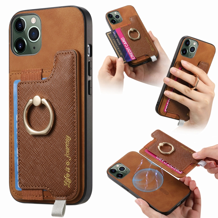

For iPhone 11 Pro Max Retro Magsafe Cross Leather Ring Holder Card Bag Phone Case(Brown)