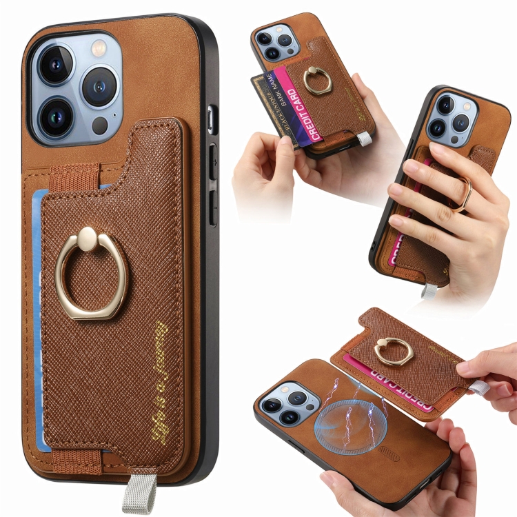 

For iPhone 13 Pro Max Retro Magsafe Cross Leather Ring Holder Card Bag Phone Case(Brown)