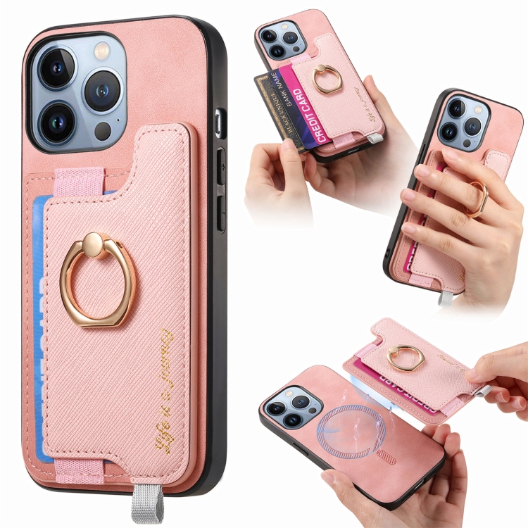 

For iPhone 14 Pro Retro Magsafe Cross Leather Ring Holder Card Bag Phone Case(Pink)