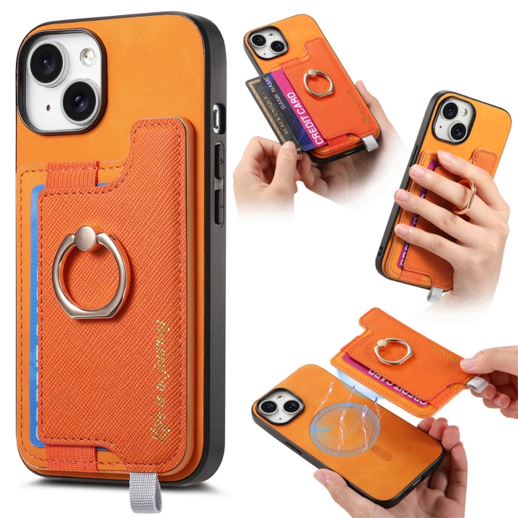 

For iPhone 15 Plus Retro Magsafe Cross Leather Ring Holder Card Bag Phone Case(Yellow)