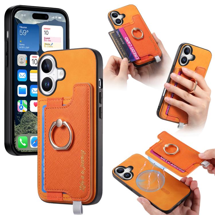 

For iPhone 17 Retro Magsafe Cross Leather Ring Holder Card Bag Phone Case(Yellow)