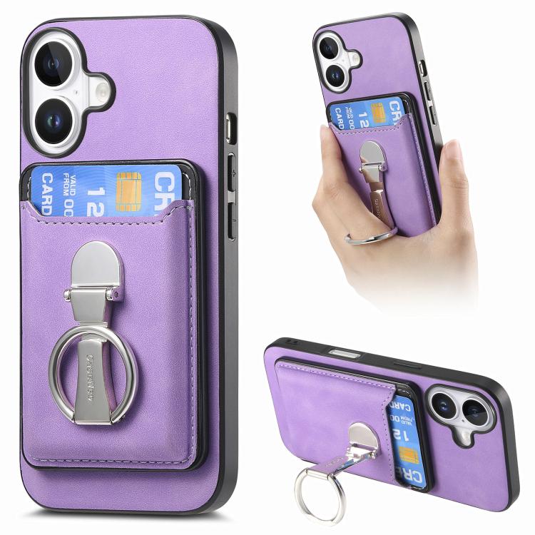 

For iPhone 17 Retro Folding Ring Holder Card Bag MagSafe Phone Case(Purple)