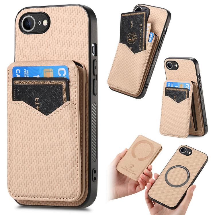 

For iPhone 16e Carbon Fiber MagSafe Vertical Flip Card Bag Phone Case(Khaki)