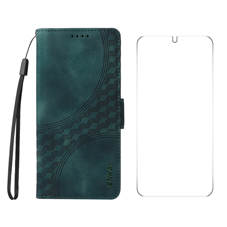 

For Samsung Galaxy S25 5G / S24 5G ENKAY Embossed Rhombus Starry Leather Phone Case with Screen Film(Green)