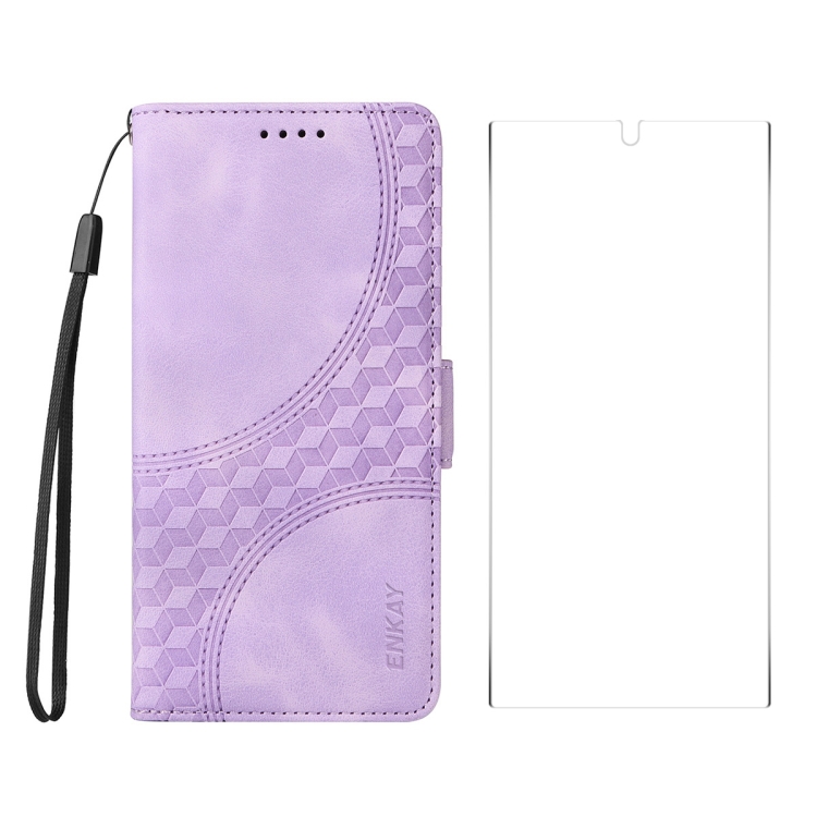 

For Samsung Galaxy S25 Ultra 5G ENKAY Embossed Rhombus Starry Leather Phone Case with Screen Film(Purple)
