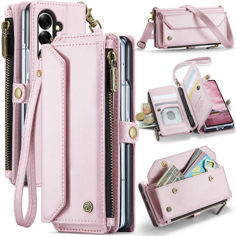 

For Samsung Galaxy Z Fold7 CaseMe C36 Card Slots Zipper Wallet RFID Anti-theft Leather Phone Case(Pink)