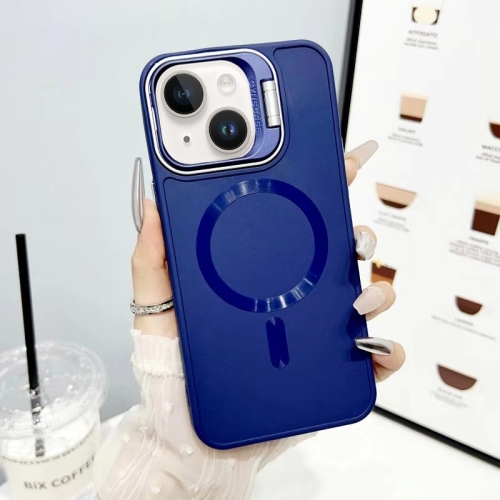 

For iPhone 15 CD Texture Frosted MagSafe Lens Holder Phone Case(Blue)