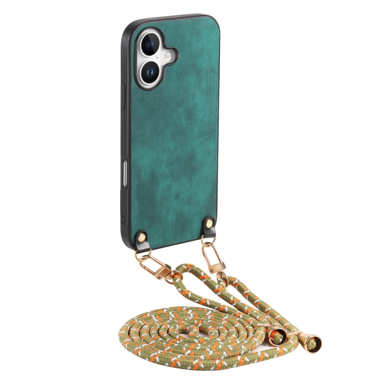 

For iPhone 16 Plus Vintage Leather PC Back Cover Phone Case with Crossbody Strap(Green)