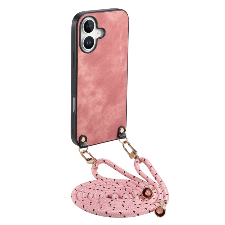 

For iPhone 16 Vintage Leather PC Back Cover Phone Case with Crossbody Strap(Pink)