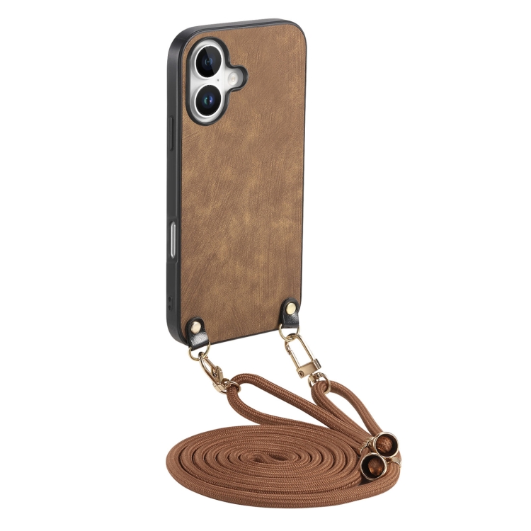 

For iPhone 16 Vintage Leather PC Back Cover Phone Case with Crossbody Strap(Brown)