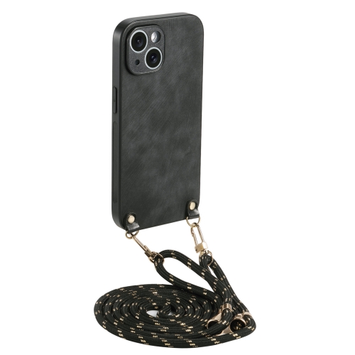 

For iPhone 15 Plus Vintage Leather PC Back Cover Phone Case with Crossbody Strap(Black)