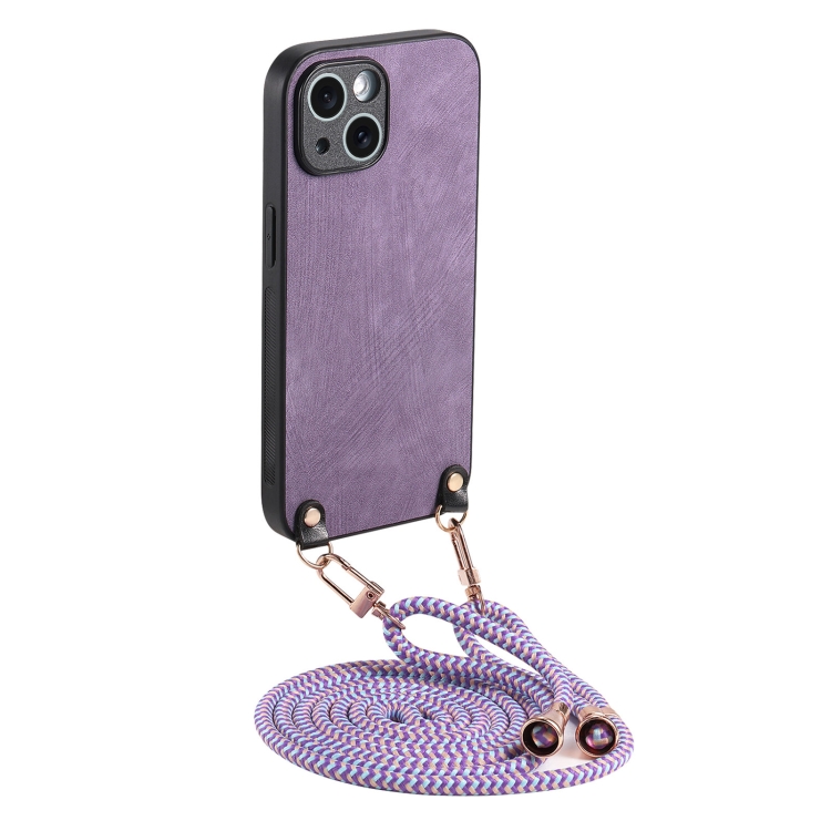 

For iPhone 15 Plus Vintage Leather PC Back Cover Phone Case with Crossbody Strap(Purple)