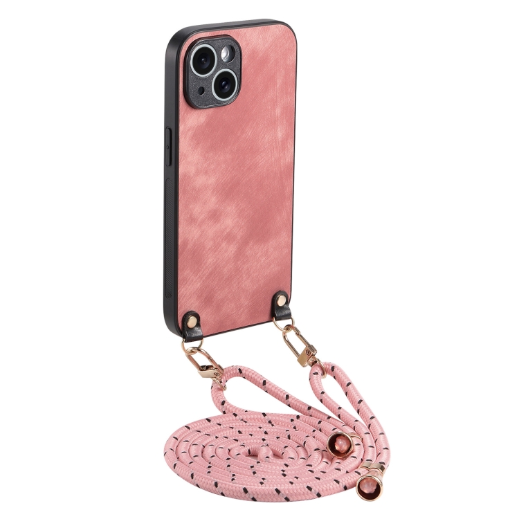 

For iPhone 14 Vintage Leather PC Back Cover Phone Case with Crossbody Strap(Pink)