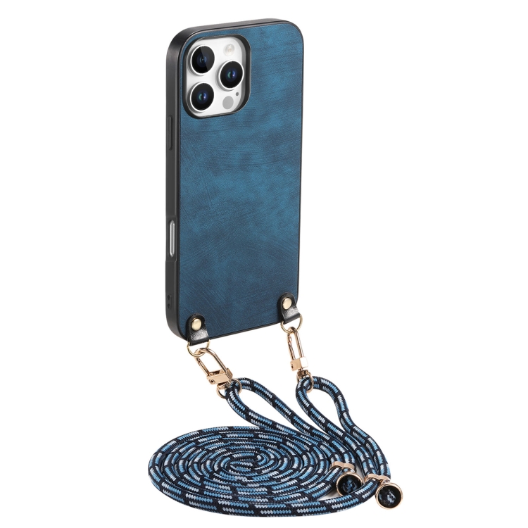 

For iPhone 14 Pro Vintage Leather PC Back Cover Phone Case with Crossbody Strap(Blue)