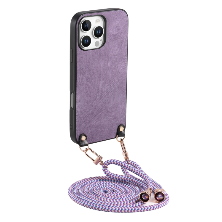 

For iPhone 14 Pro Vintage Leather PC Back Cover Phone Case with Crossbody Strap(Purple)