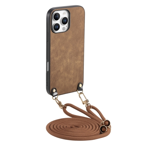 

For iPhone 14 Pro Max Vintage Leather PC Back Cover Phone Case with Crossbody Strap(Brown)