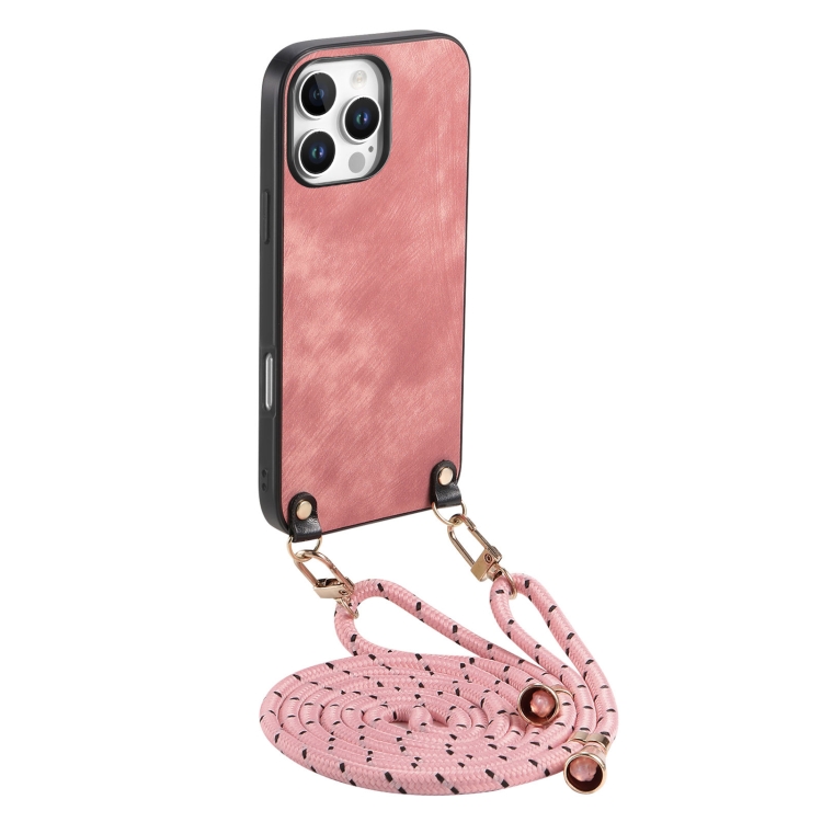 

For iPhone 13 Pro Max Vintage Leather PC Back Cover Phone Case with Crossbody Strap(Pink)