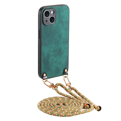 

For iPhone 13 Vintage Leather PC Back Cover Phone Case with Crossbody Strap(Green)