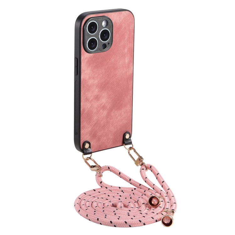 

For iPhone 12 Pro Max Vintage Leather PC Back Cover Phone Case with Crossbody Strap(Pink)