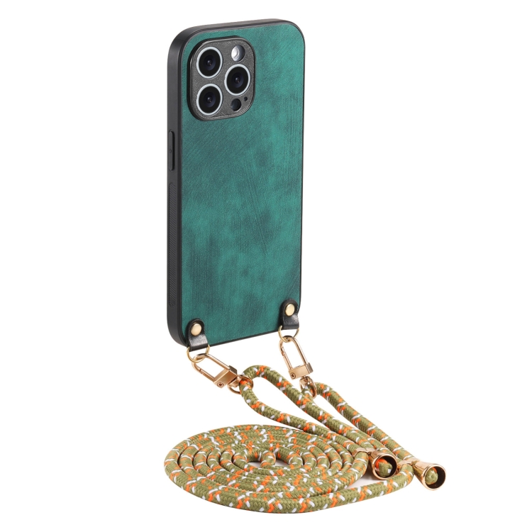 

For iPhone 12 Pro Max Vintage Leather PC Back Cover Phone Case with Crossbody Strap(Green)