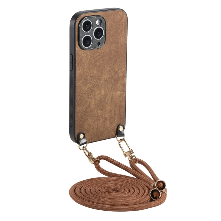 

For iPhone 11 Pro Max Vintage Leather PC Back Cover Phone Case with Crossbody Strap(Brown)