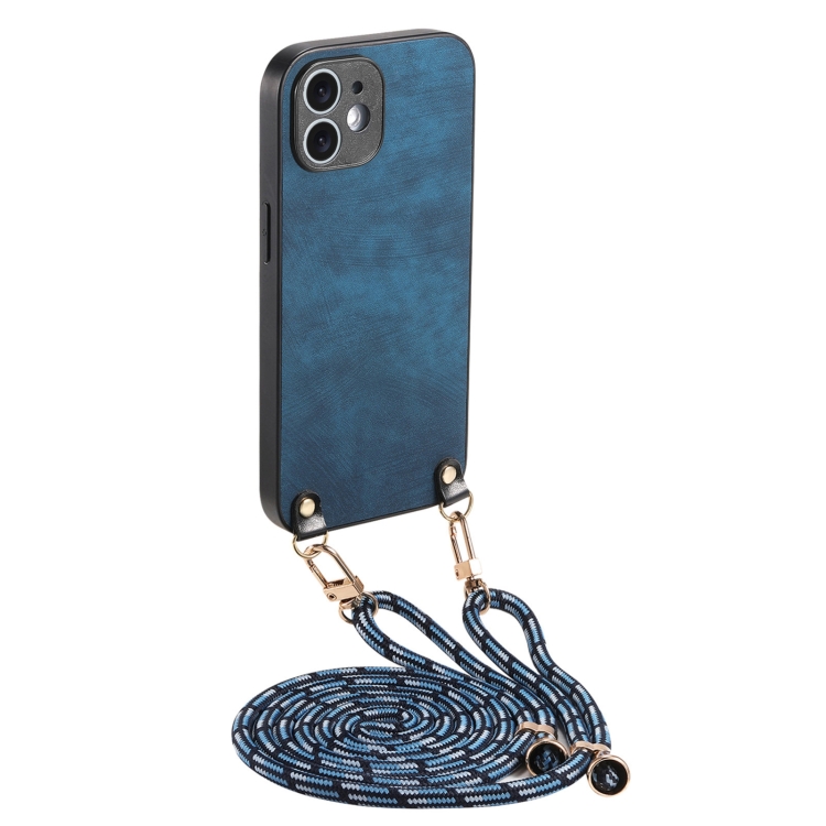 

For iPhone 11 Vintage Leather PC Back Cover Phone Case with Crossbody Strap(Blue)