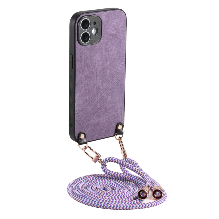 

For iPhone 11 Vintage Leather PC Back Cover Phone Case with Crossbody Strap(Purple)