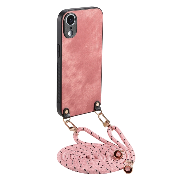 

For iPhone XR Vintage Leather PC Back Cover Phone Case with Crossbody Strap(Pink)