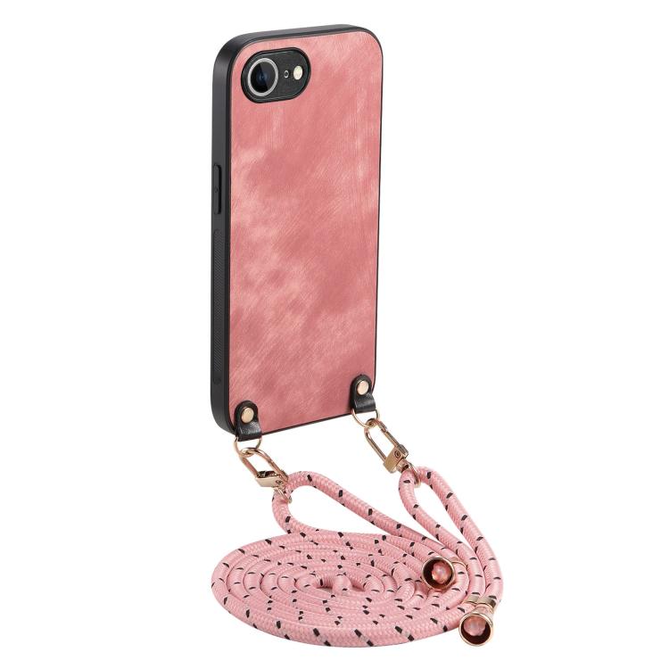 

For iPhone 16e Vintage Leather PC Back Cover Phone Case with Crossbody Strap(Pink)