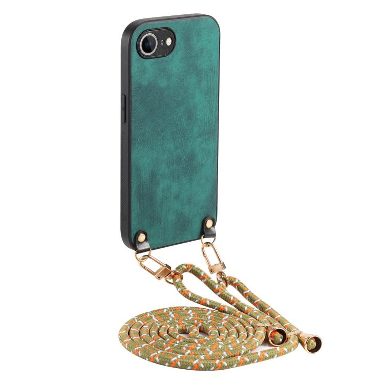 

For iPhone 16e Vintage Leather PC Back Cover Phone Case with Crossbody Strap(Green)