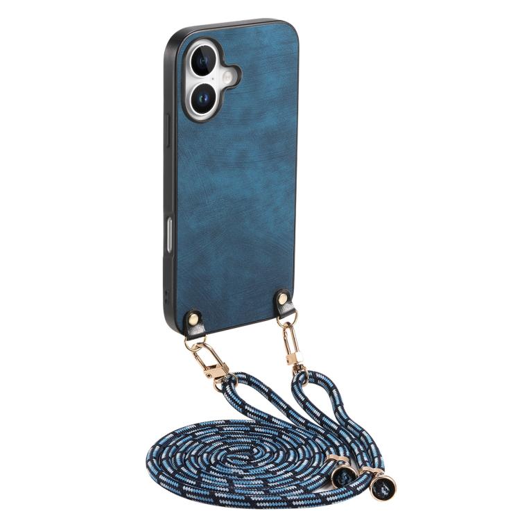 

For iPhone 17 Vintage Leather PC Back Cover Phone Case with Crossbody Strap(Blue)