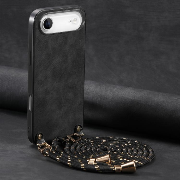 

For iPhone Air Vintage Leather PC Back Cover Phone Case with Crossbody Strap(Black)