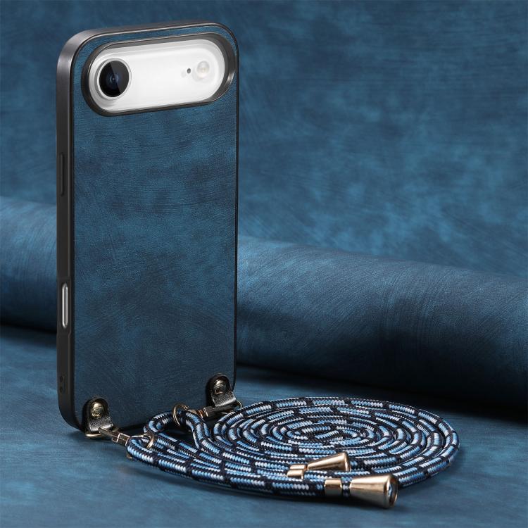 

For iPhone Air Vintage Leather PC Back Cover Phone Case with Crossbody Strap(Blue)