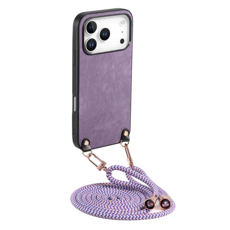 

For iPhone 17 Pro Vintage Leather PC Back Cover Phone Case with Crossbody Strap(Purple)