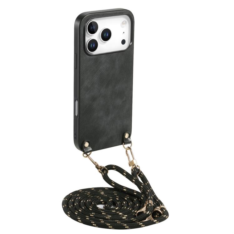 

For iPhone 17 Pro Max Vintage Leather PC Back Cover Phone Case with Crossbody Strap(Black)