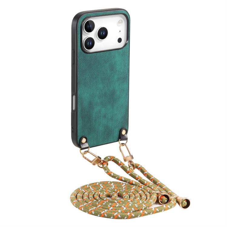 For iPhone 17 Pro Max Vintage Leather PC Back Cover Phone Case with Crossbody Strap(Green)