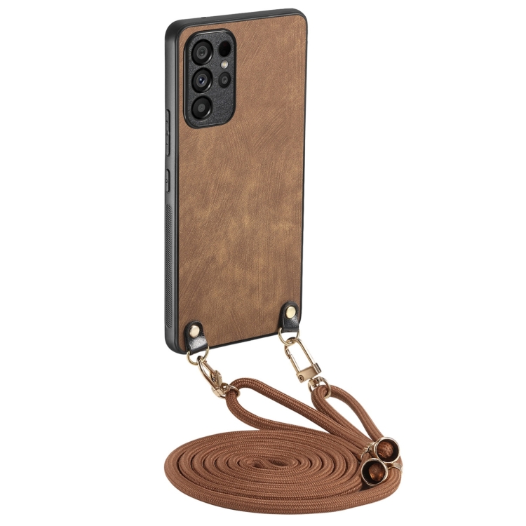 

For Samsung Galaxy S23 Ultra 5G Vintage Leather PC Back Cover Phone Case with Crossbody Strap(Brown)