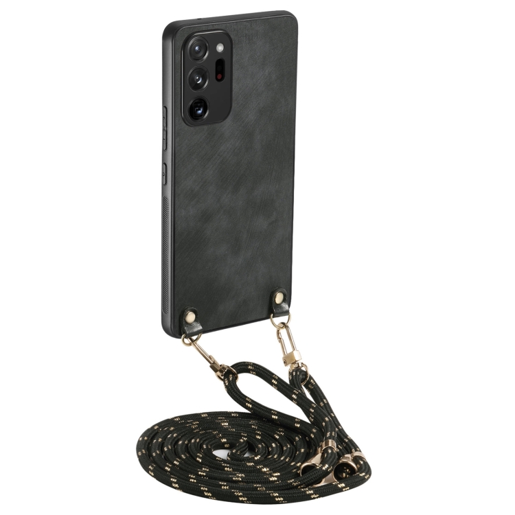 

For Samsung Galaxy Note20 Ultra Vintage Leather PC Back Cover Phone Case with Crossbody Strap(Black)